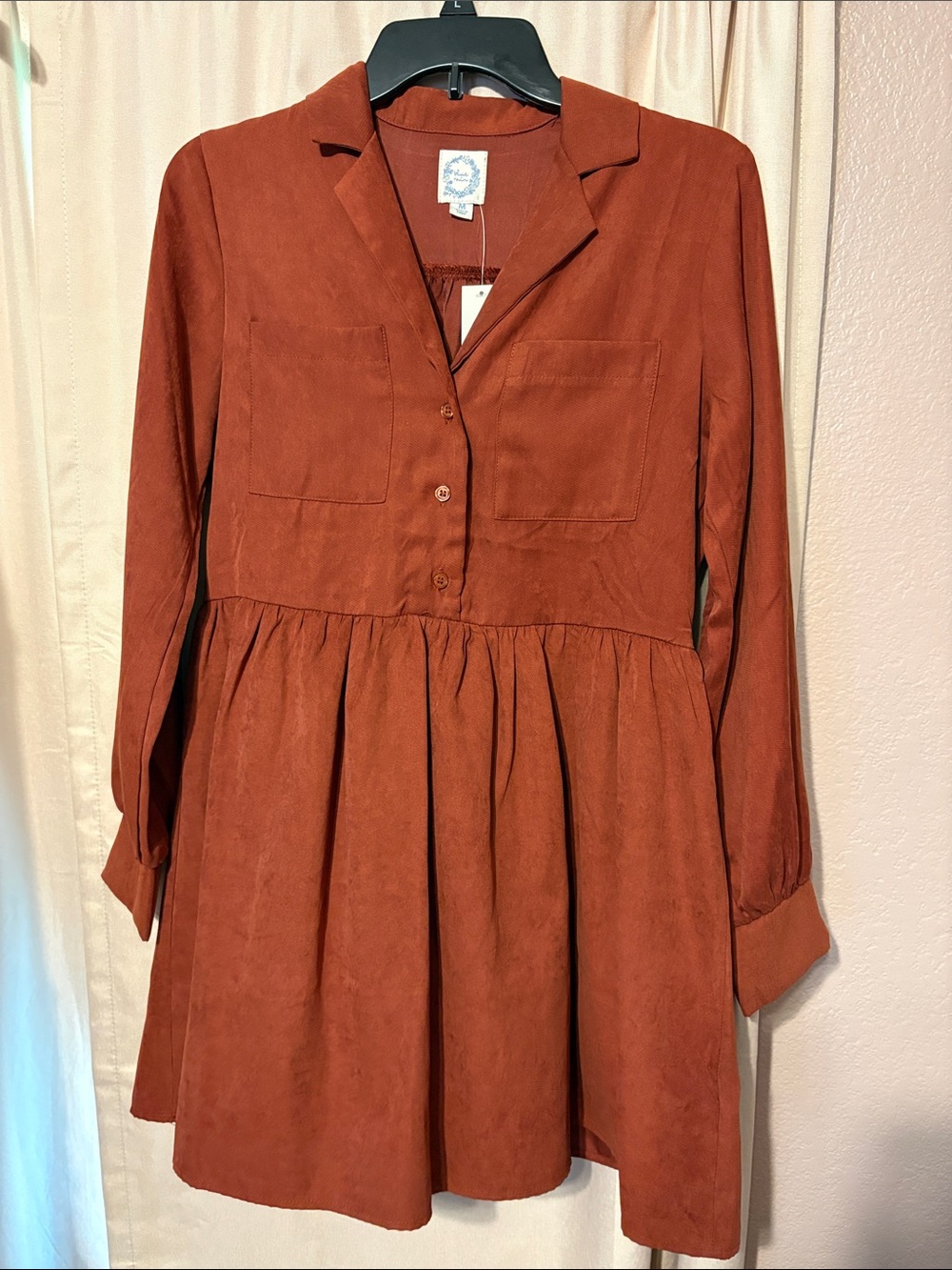 Blue Rain Rust-Red V-Neck Button Dress